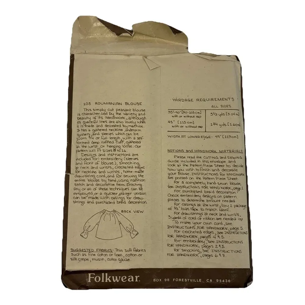 VTG Folkwear Pattern 103 Romanian Peasant Blouse Embroidery Handwork UNCUT